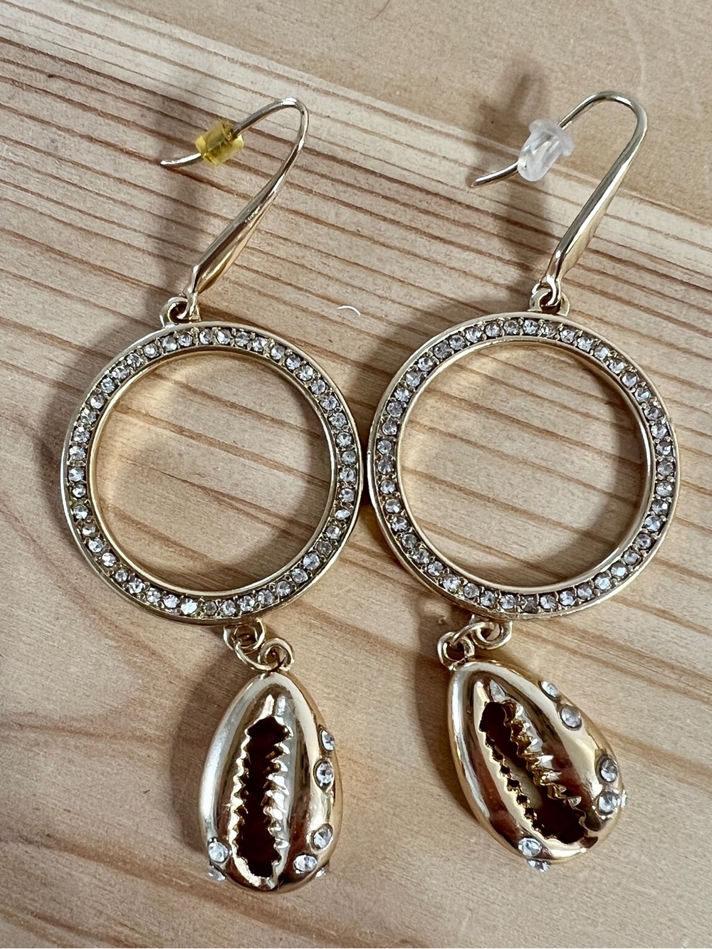 Gold Crystal Hoop Earrings with Shell Charm